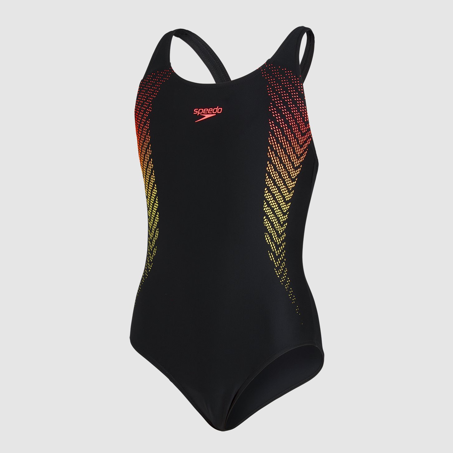 Speedo Plastisol Placement Muscleback Girls Swimsuit Black Red Run